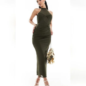 Asos high neck ruched mesh midi dress